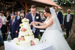 Krájení velkého svatebního dortu